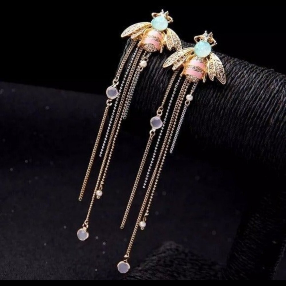 Statement Boho Bee Tassel Earrings Rhinestone and Enamel